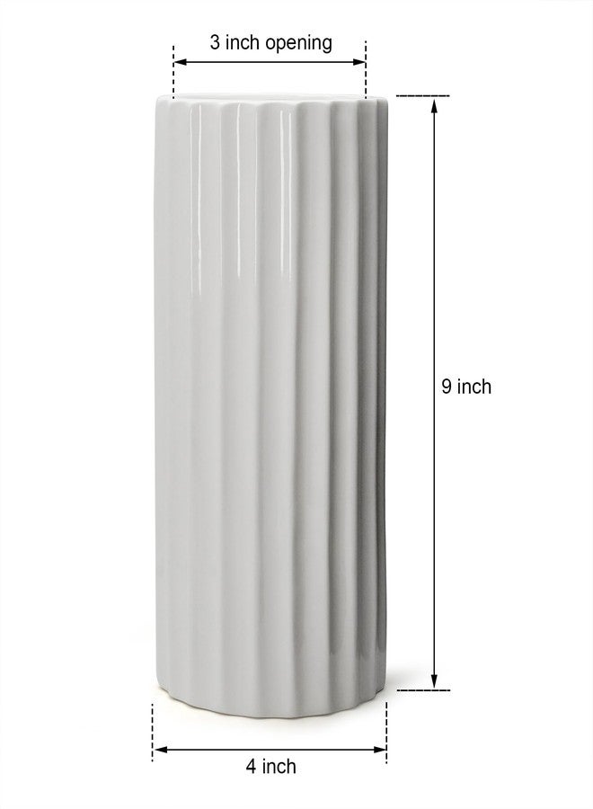 GeLive Glazed White Ceramic Vase Ribbed Straight Cylinder Minimalist Waterproof Flower Vase, Home Decor Centerpiece for Fresh Bud Artificial Dried Flowers 9 Inch Height - Image 5